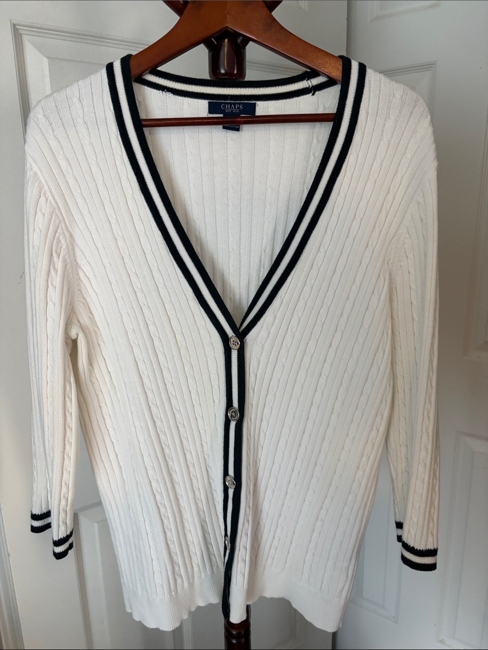 Chaps White Cable-Knit V-Neck Cardigan with Navy Trim
